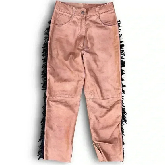 Vintage Western Brown Leather Pants Handmade Black Fringe 6P Straight Leg Chic - Picture 3 of 15
